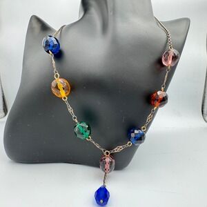 Rachel Multicolor Faceted Glass Bead Station Drop Necklace Gold Tone 18 Inch